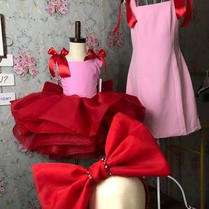 Pink and Red Girls' (Mother and daughter) Party Tutu Dress with Satin Bows